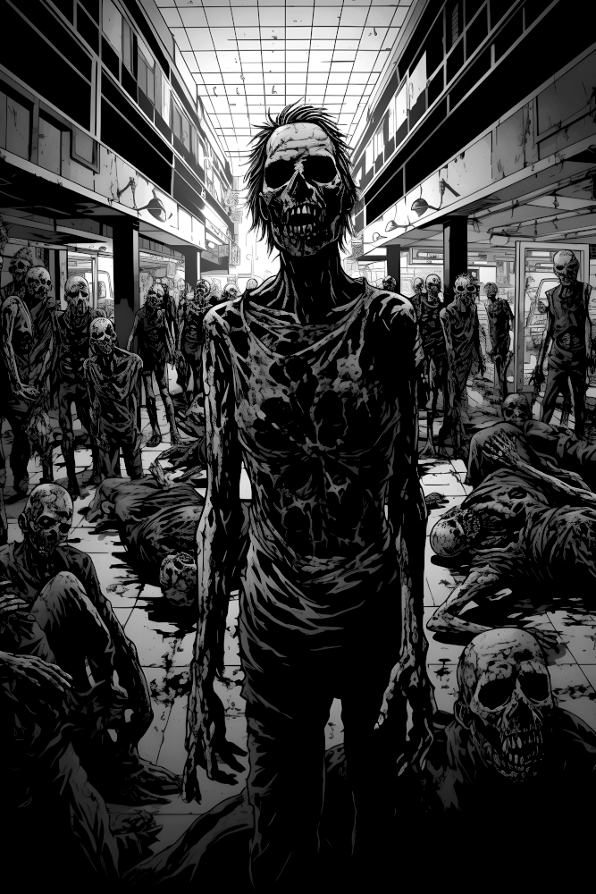 tshirt design, zombie apocalypse in an indoor mall with zombies walking around, black and white vector style in the style of Jim Lee