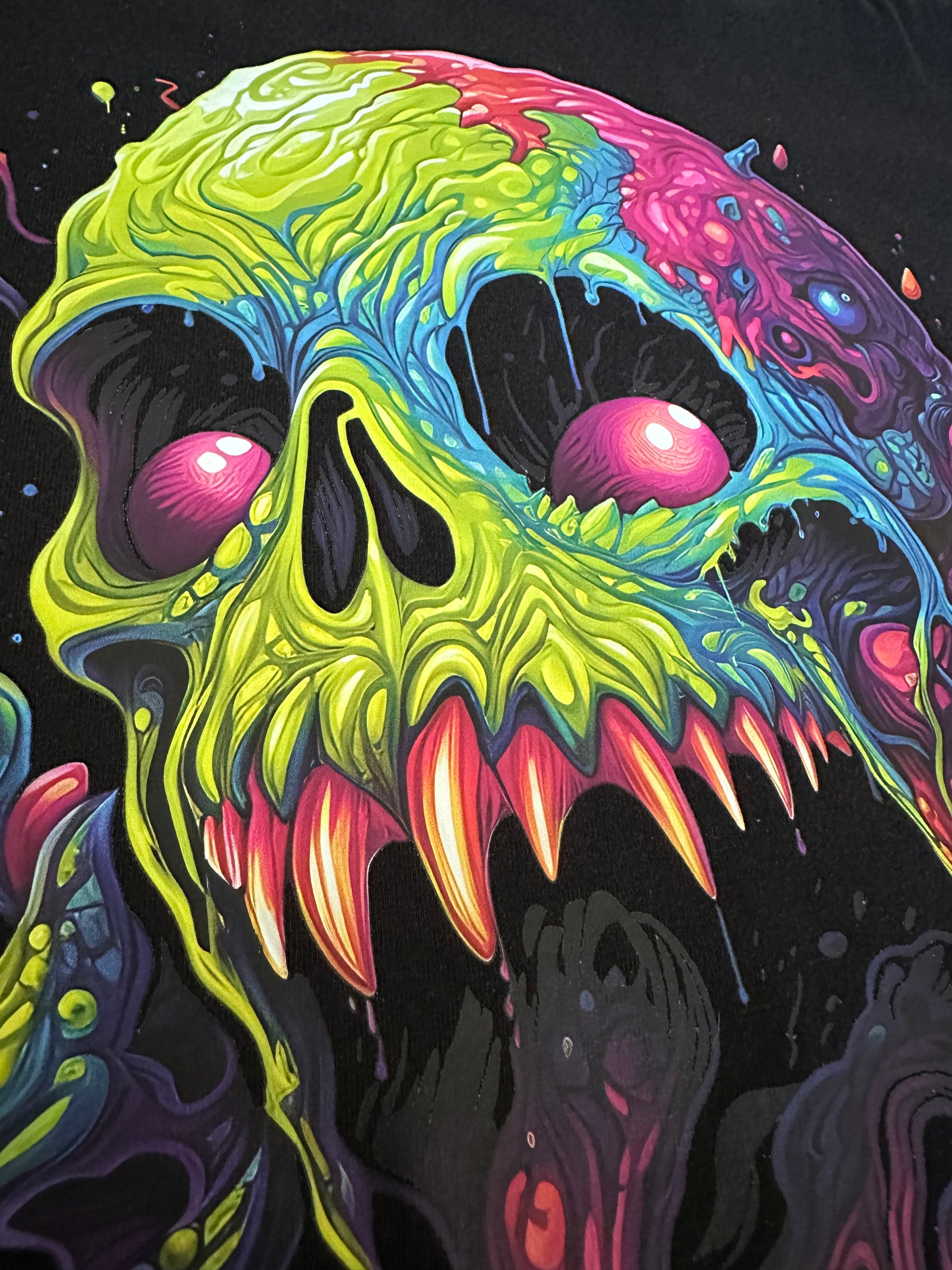 "Indulge in the macabre with our multicolored melting skull design. A spine-chilling addition to any horror shirt collection."