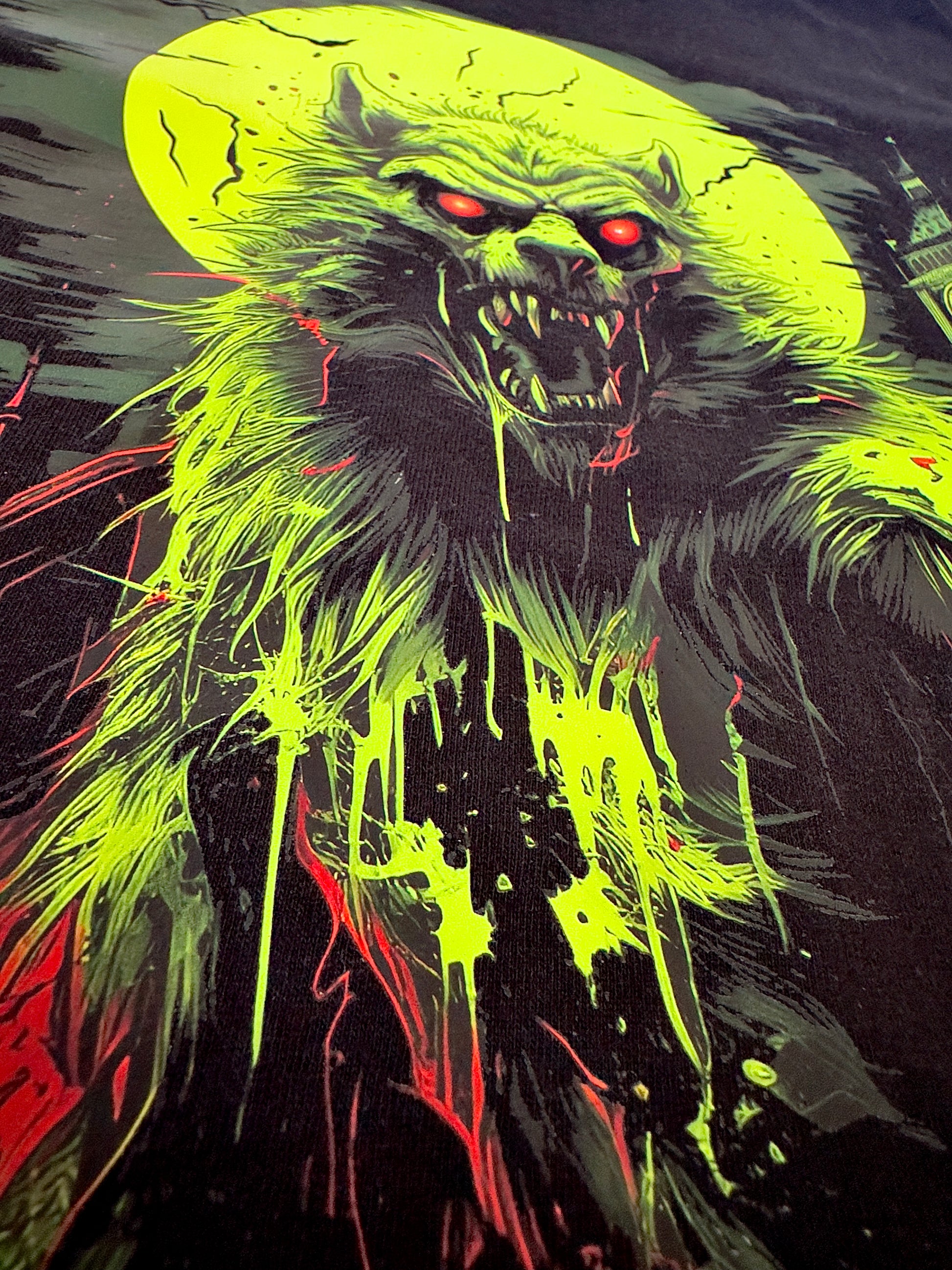 a black tshirt with an illustration of the werewolf on big ben in London, green and red colors, by Dan Mumford, vector art style, high contrast, hyper realistic, on dark background, glowing light from eyes, full body shot, epic composition, tshirt design printing