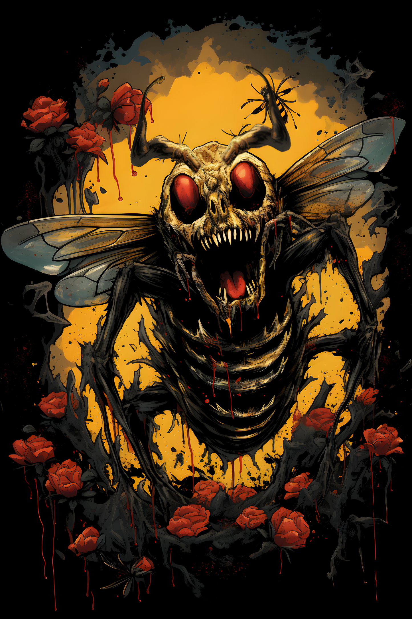  tshirt design, zombie bee with roses and thorns in the background, detailed ink illustration, strong contrast between light and dark, symmetrical composition, vivid colors, black tshirt no mockup, white or transparent background, high resolution, professional photograph, natural lighting