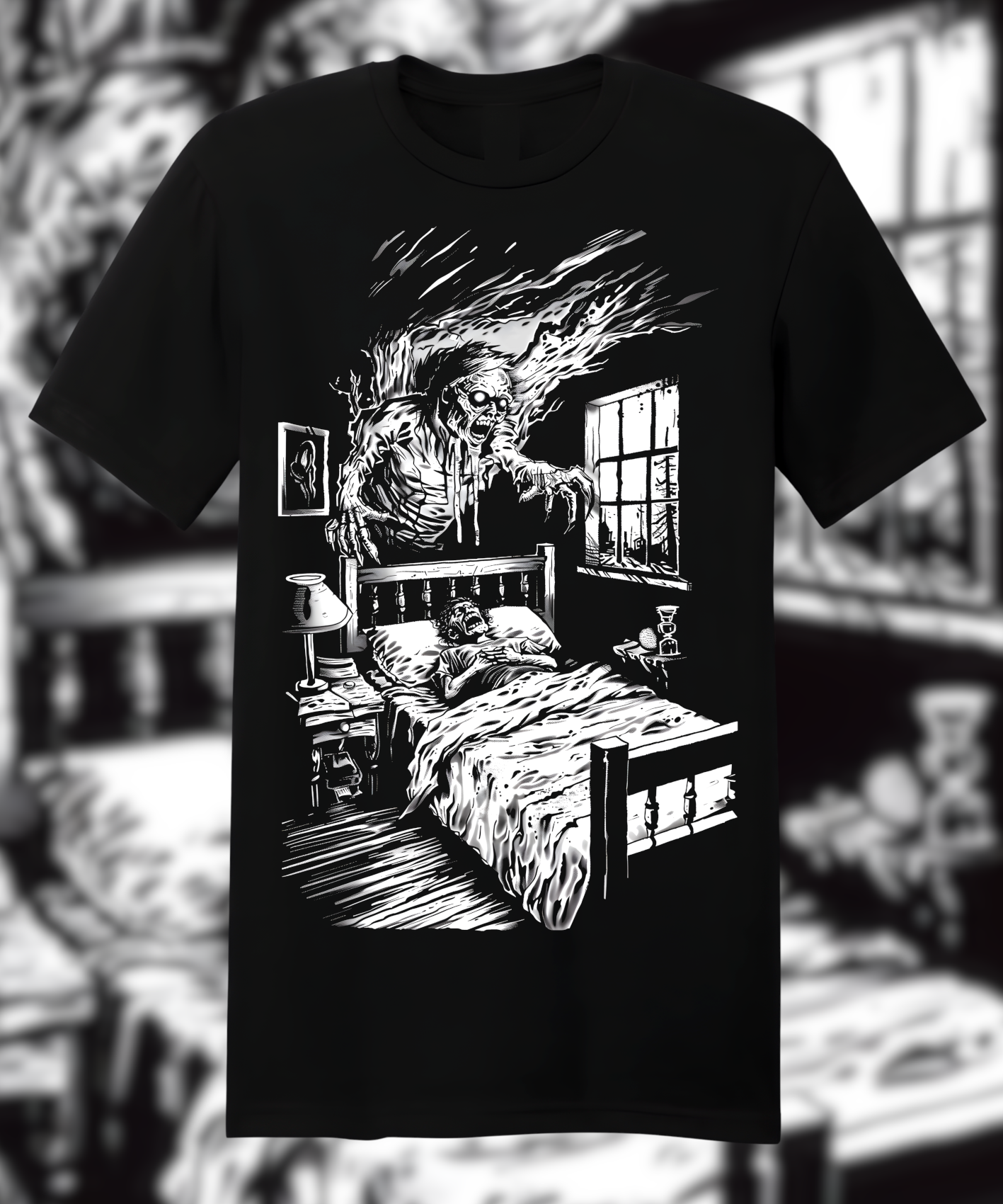 A scary monster is in the bedroom of an old house. It has its hands on top and stands over sleeping people lying under covers. The line art drawing has high contrast and high details against a black background. The vector style illustration is done in the style of a vintage horror comic book with a vintage design style illustration. It creates a dark fantasy and scary atmosphere in the style of a vintage design illustration. The image is high resolution, high quality, and high in detail