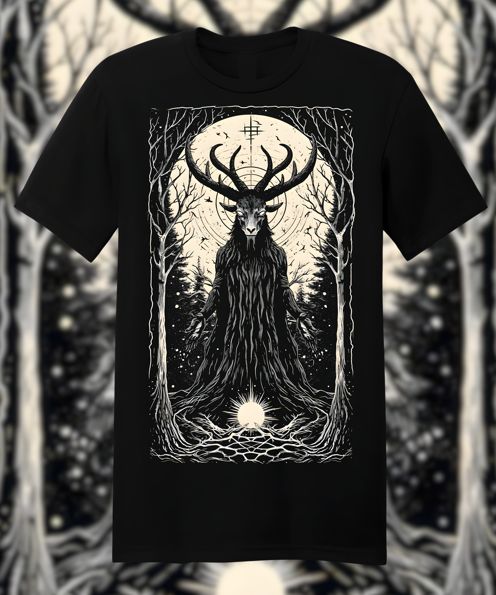 A monochromatic vector illustration using black and white tones, depicting the god of nature in his human form with antlers standing between two trees. He is surrounded by an aura that shines brightly around him. The background features a dark forest at night illuminated only from within. In front of it stands a glowing orb representing magic or energy. It has sharp edges like a tarot card, with no text on top. A cross-shaped symbol hangs above its head in the style of a tarot card