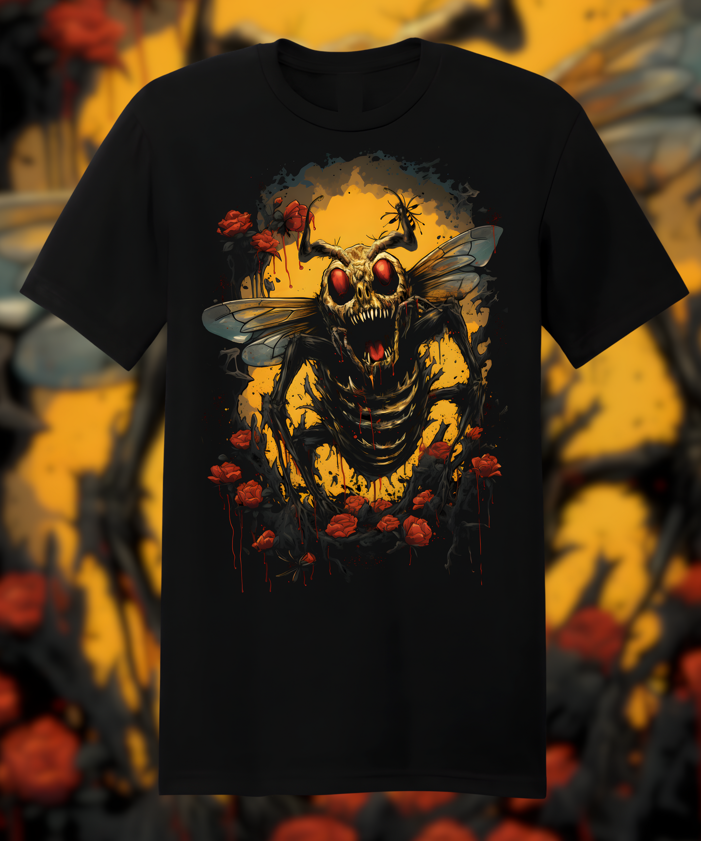 tshirt design, scary zombie bee with red eyes and fangs on black background, roses in the style of comic book art, dark humor graphic print, high resolution, detailed character illustrations, colorful animation stills, gothic illustration, horrorinspired, hyperrealistic details