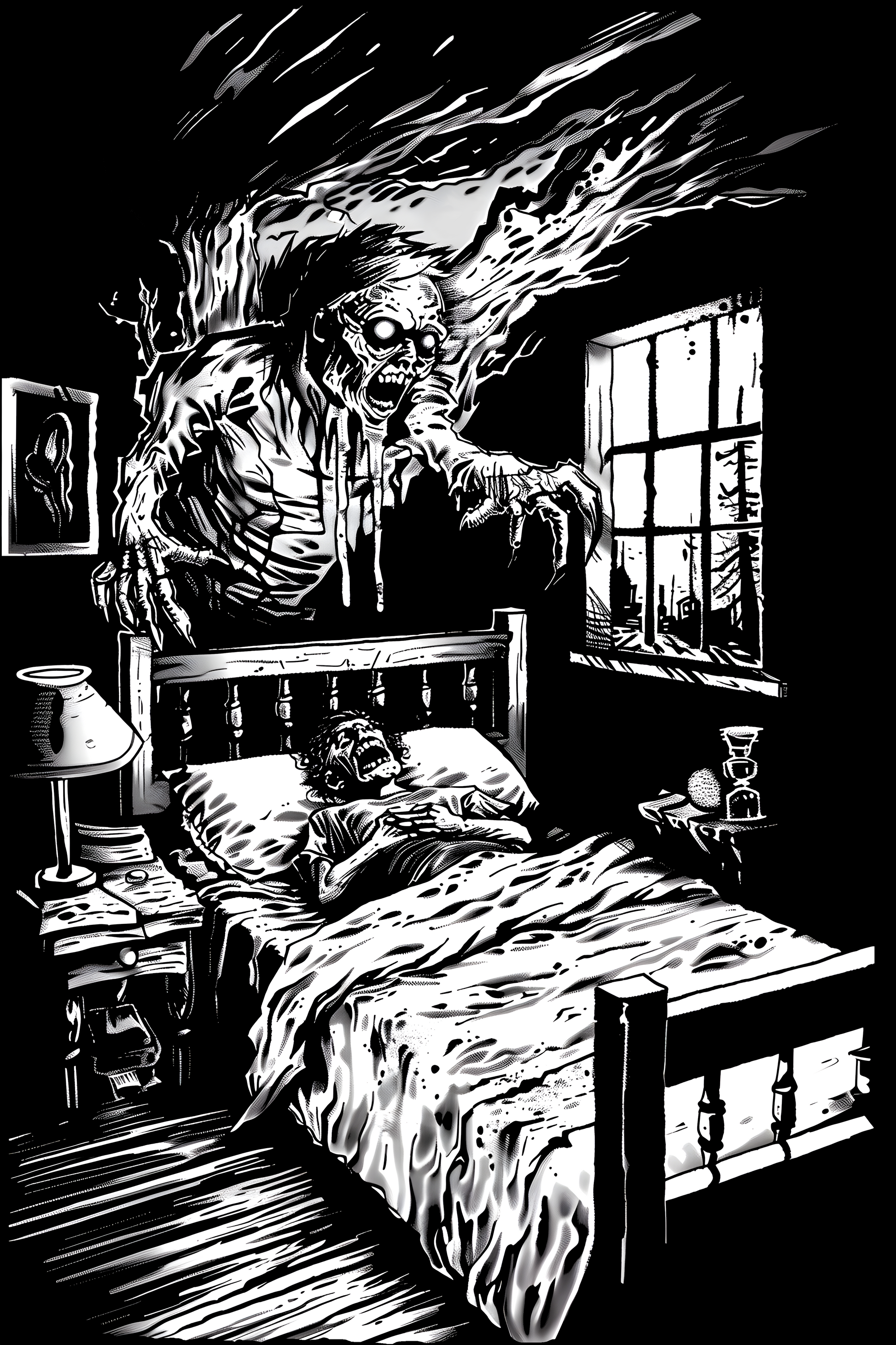 black and white vector drawing of a monster bursting out from under the bed, bedroom scene at night time with a scary atmosphere, in the style of horror comic style with a low detail background, Tshirt design graphic with an ultra detailed full body shot of the monster with contour lighting