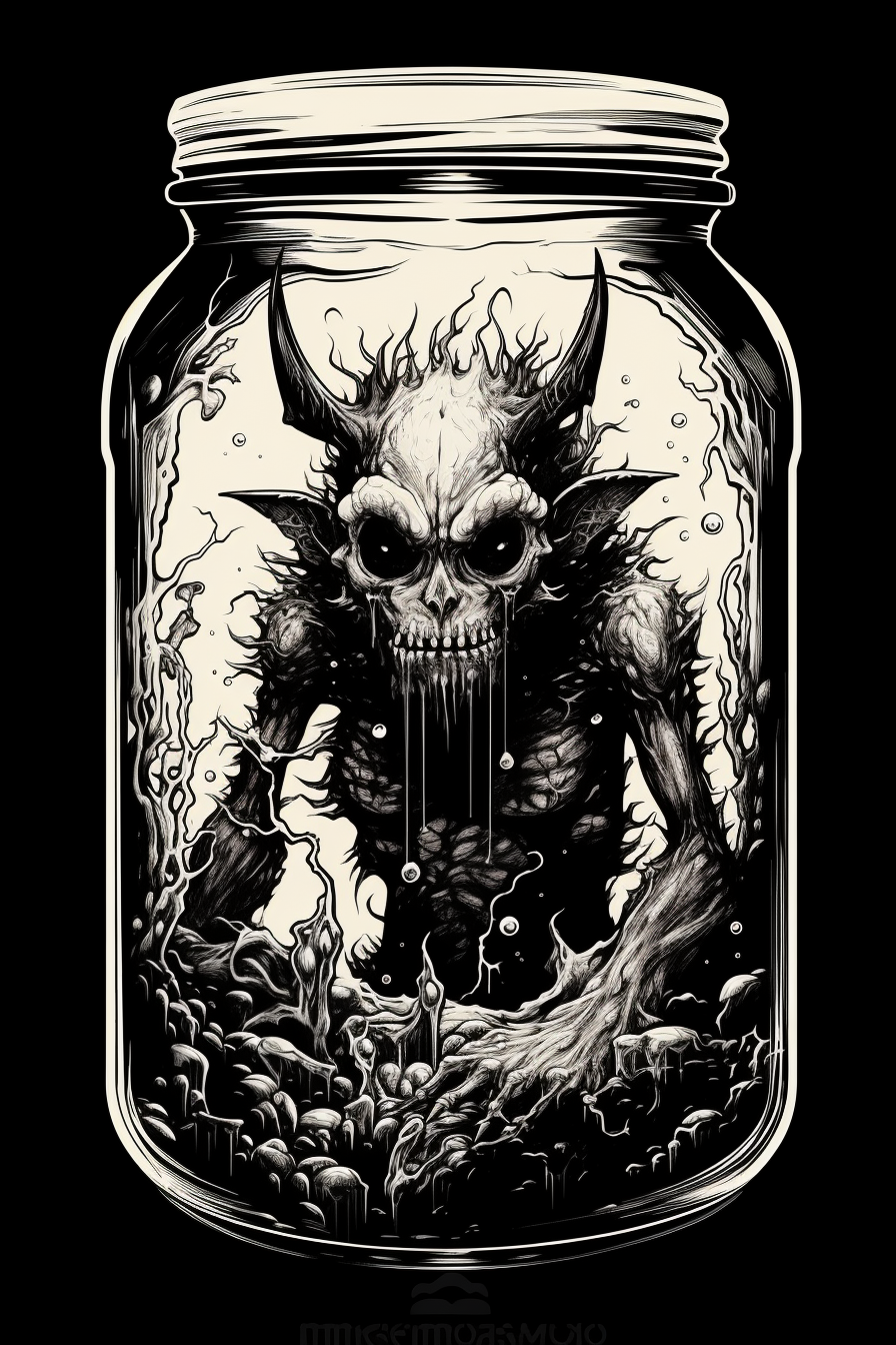 "Dare to wear our black shirt showcasing a vivid white demonic imp trapped in a jar—a haunting and unforgettable design for horror enthusiasts."