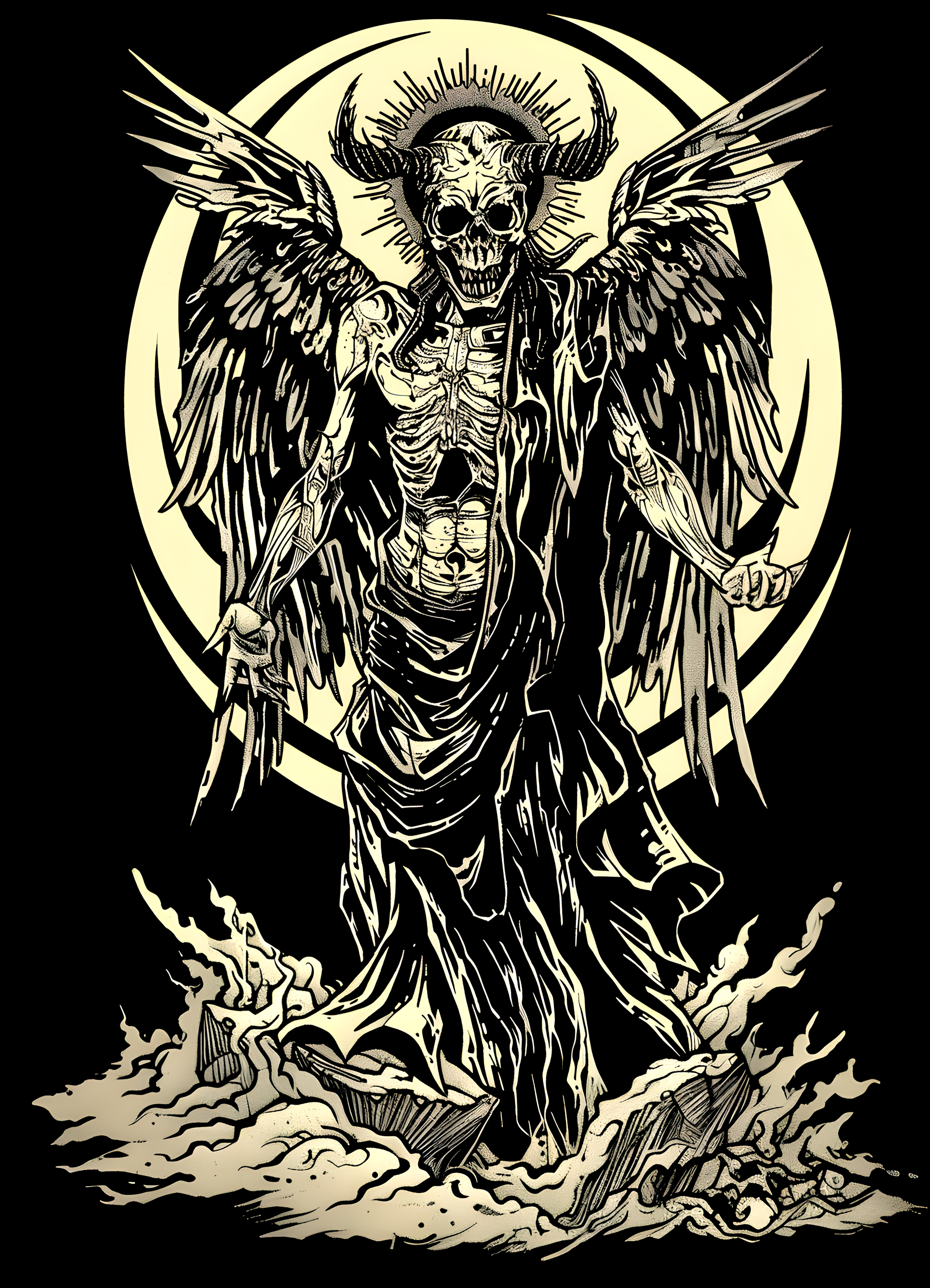 Shirt design, dark style, angel of death on the front with gothic art and white ink on black background, gothcore , high contrast, symmetrical composition, detailed illustration, vintage atmosphere, dark mood, symphonic background, full body shot, high resolution, detailed drawing, hyperrealistic details, high definition, tshirt print design, vector graphics, professional quality