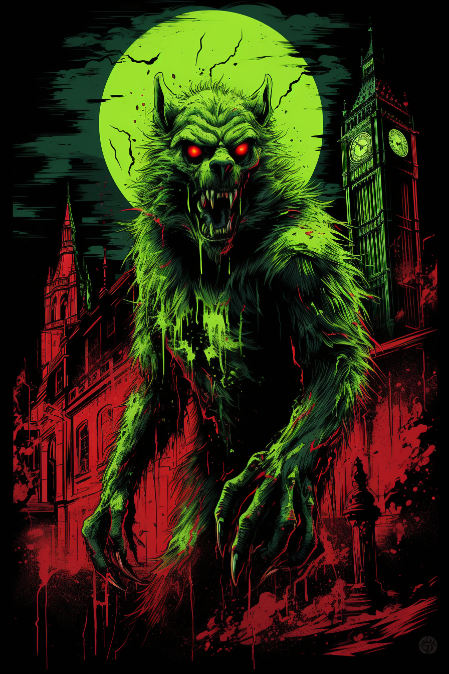 A black tshirt with green werewolf in front of Big Ben, surrounded by red and dark colors. The moon is glowing yellow, casting an eerie glow on the scene. T pang artwork style. Green accents. Full body shot. High contrast lighting. Horror movie poster. Hyperrealistic. Dark fantasy. Black background. Scary night city. Cyberpunk aesthetic. Metal album cover. Gritty. No text or logos. Red smoke. Yellow light. Nighttime. Gothic horror. Cinematic. 3D rendering