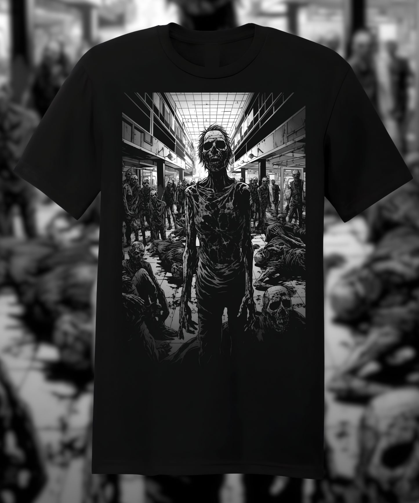 tshirt design depicting a zombie apocalypse in an office building full of zombies walking around, in black and white, on a solid background with no shadows or mockup effects