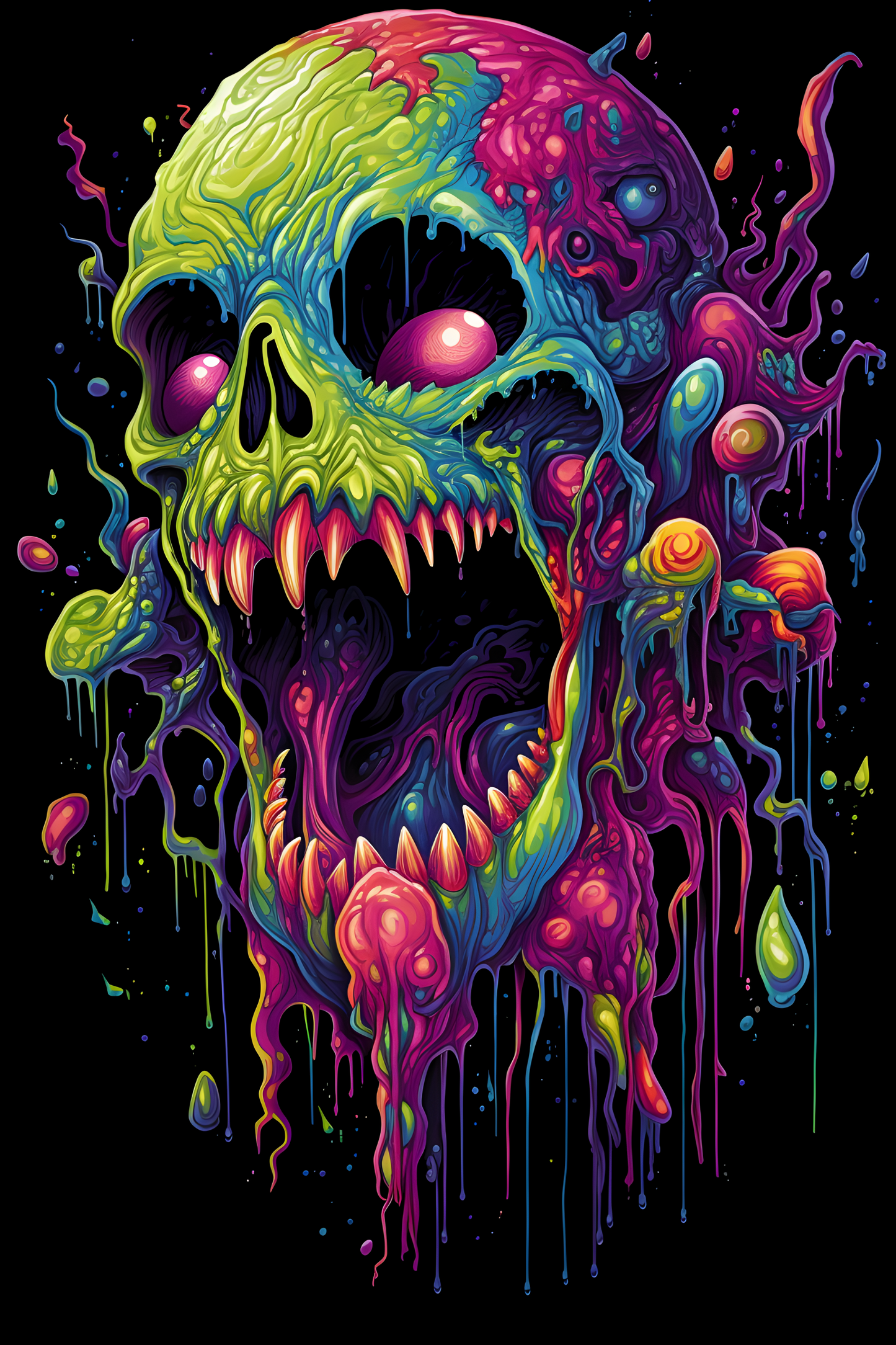 "Indulge in the macabre with our multicolored melting skull design. A spine-chilling addition to any horror shirt collection."