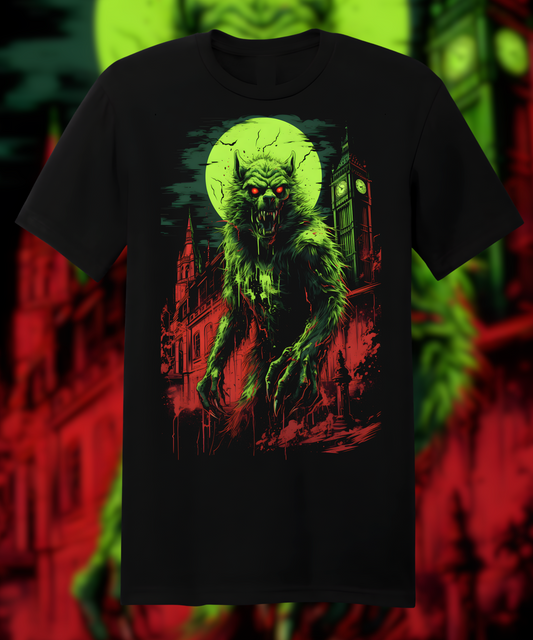  tshirt design, nightmarish werewolf with glowing green eyes and fangs standing in front of Big Ben at the end of solid black street on london city, red hued background, dark grunge style tshirt print, dark gothic art, hyperrealistic pop, vintage horror artwork, hyperdetailed illustrations, bold colors, 2d game graphics, colorful cartoon style, simple vector illustration, low poly