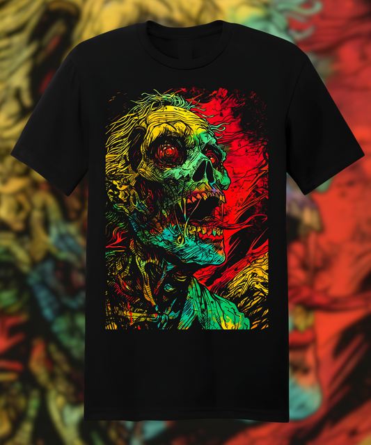 A black t-shirt with the design of an undead zombie, a colorful illustration with a colorful background, high contrast and high resolution in a full HD, epic composition with detailed illustration and detailed line work, bright colors with a vibrant color palette in the style of Butcher Billy and WLOP, sharp focus with studio lighting and octane render