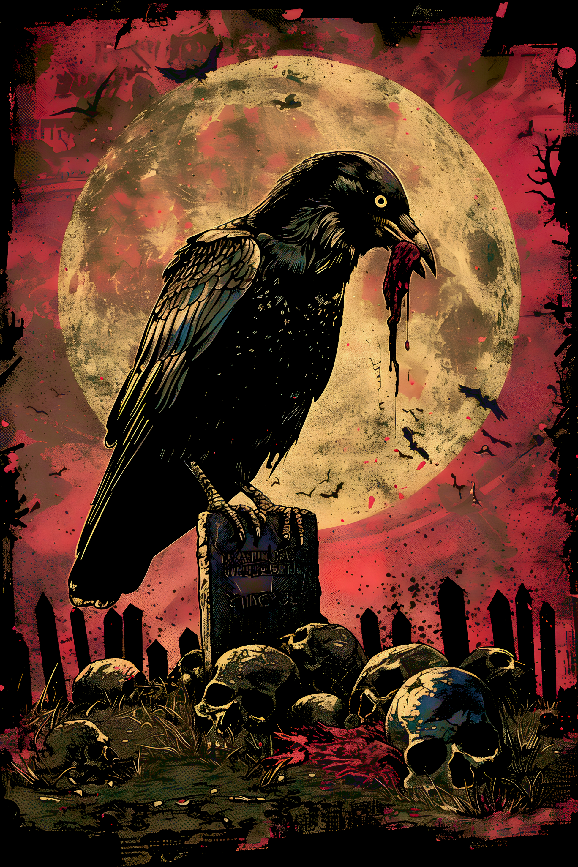 A raven crow perched on top of bones, in front of the full moon, in the style of comic book illustration, in the comic book art style, bold colors, cemetery background, zombiecore, tshirt design