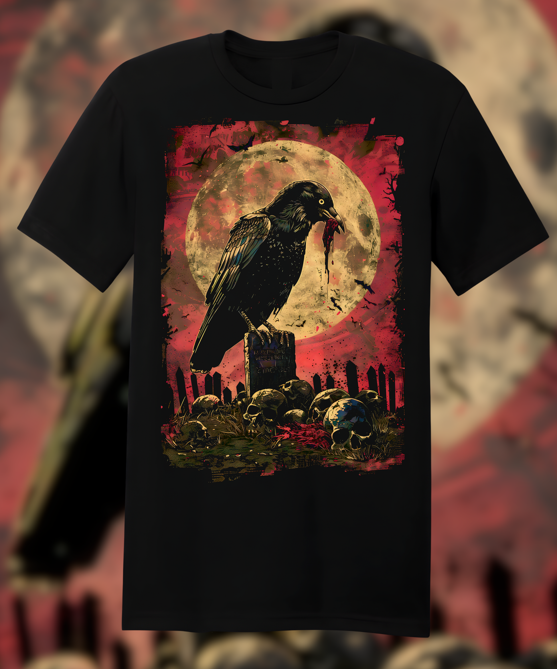 A raven sitting on top of the headstone in front, holding its beak open to show bones inside, surrounded by zombies under a full moon in a red sky. In the style of grunge tshirt design vector graphic art print for screen printing. Grungy, gritty, horror comic book style