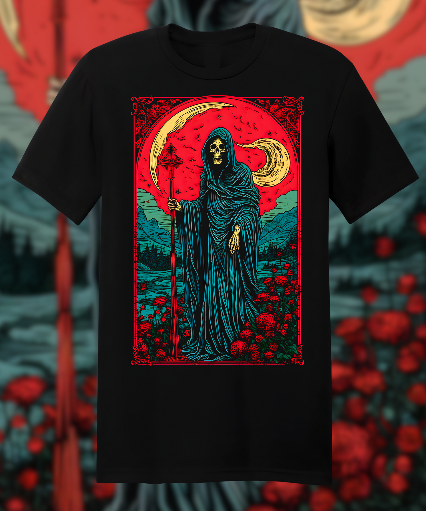 A vector design for a t-shirt of the grim reaper holding his scythe, surrounded by roses and mountains in red, black, green, blue, and purple colors with a moon behind him. The background landscape is detailed with a high contrast screen printing style in the manner of a vintage tarot card illustration with a flat art aesthetic. The character is wearing long dark robes and has an eerie smile on their face