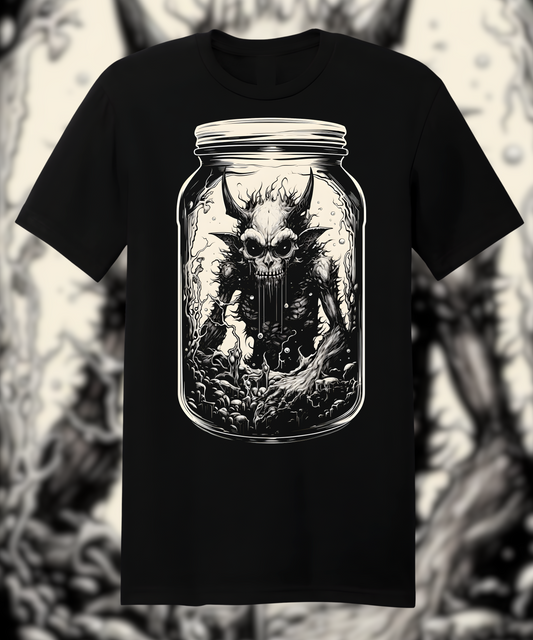 "Dare to wear our black shirt showcasing a vivid white demonic imp trapped in a jar—a haunting and unforgettable design for horror enthusiasts."