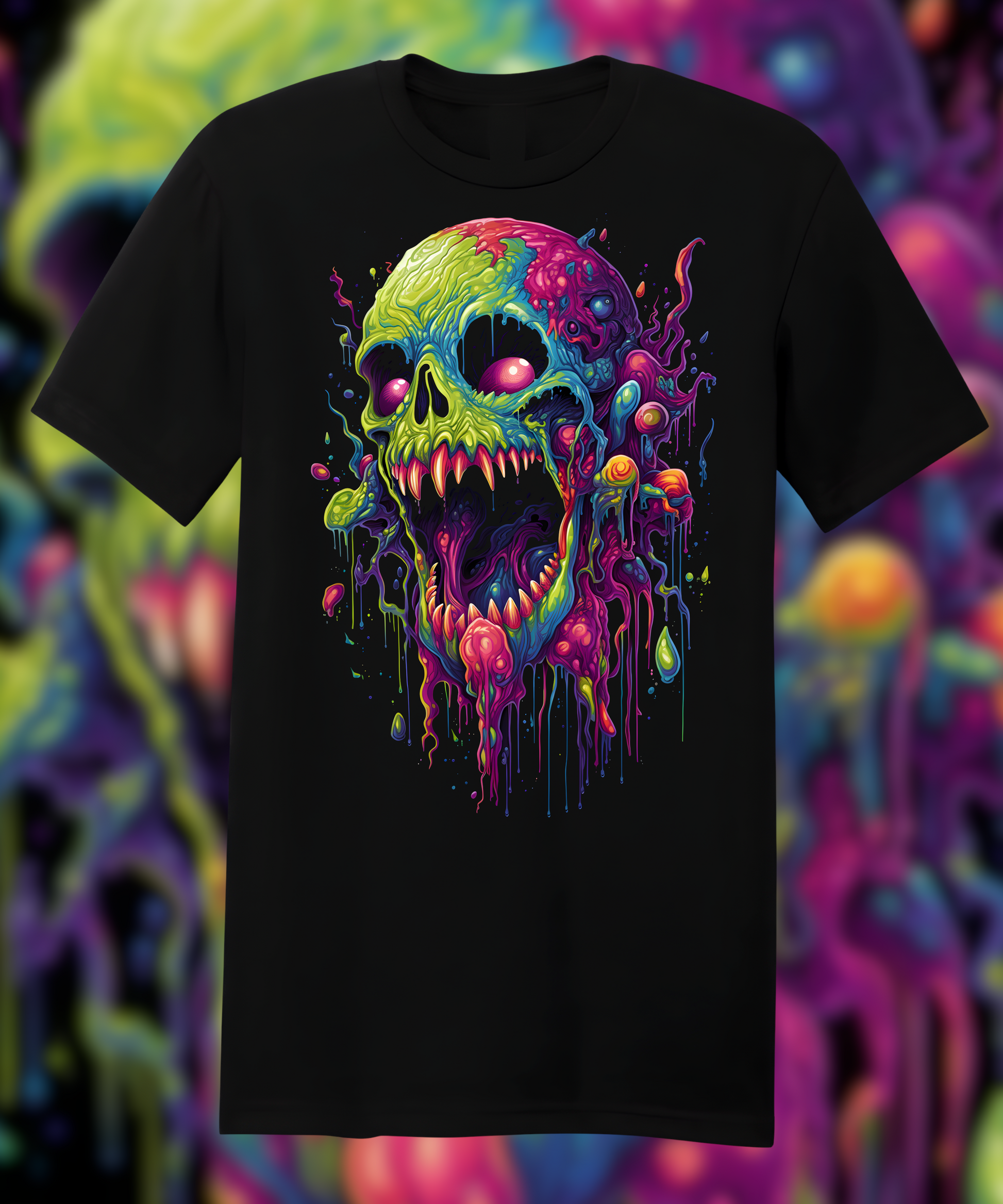 "Indulge in the macabre with our multicolored melting skull design. A spine-chilling addition to any horror shirt collection."