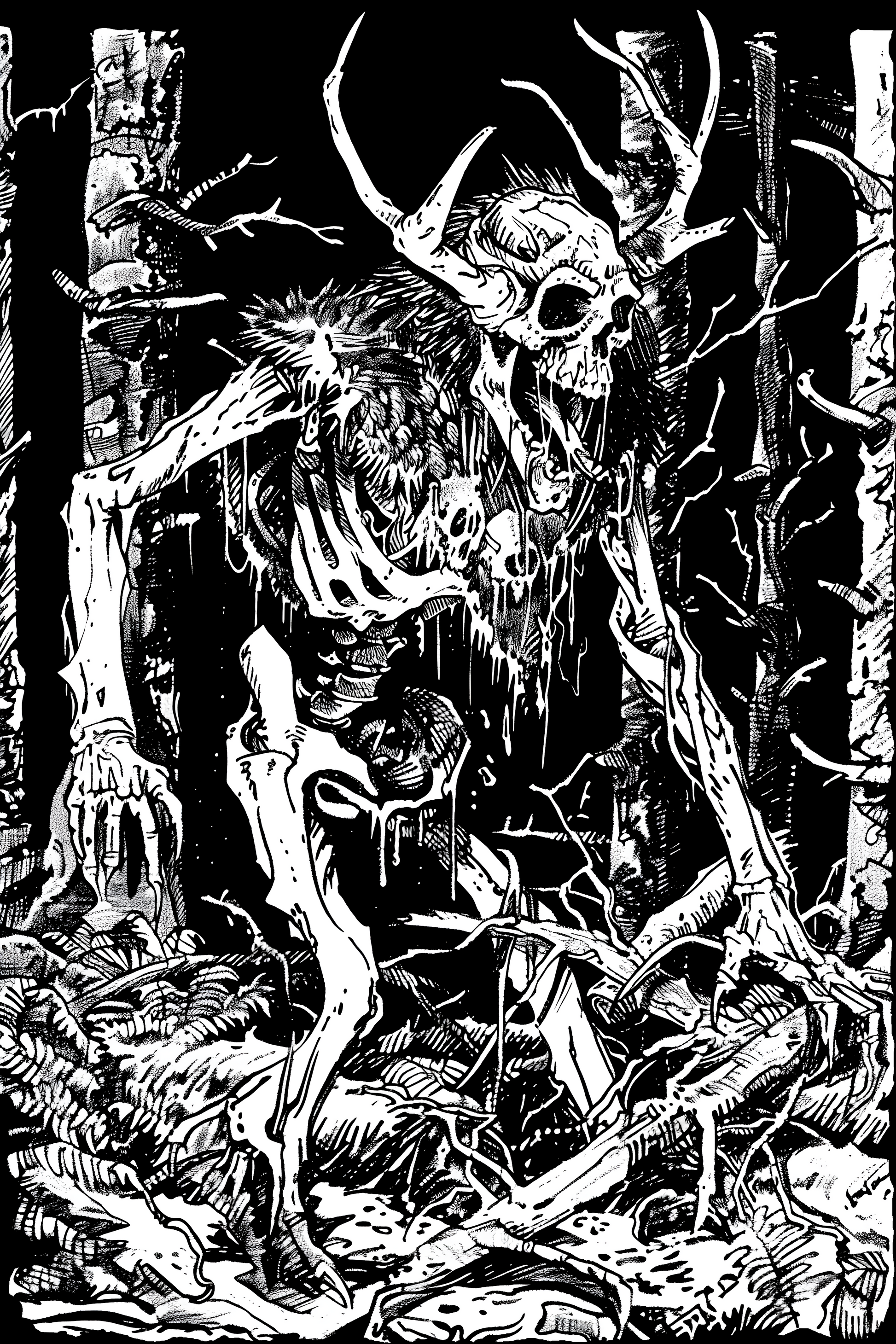 "Wendigo in the woods: our haunting black and white design captures primal fear—a must-have for horror enthusiasts."