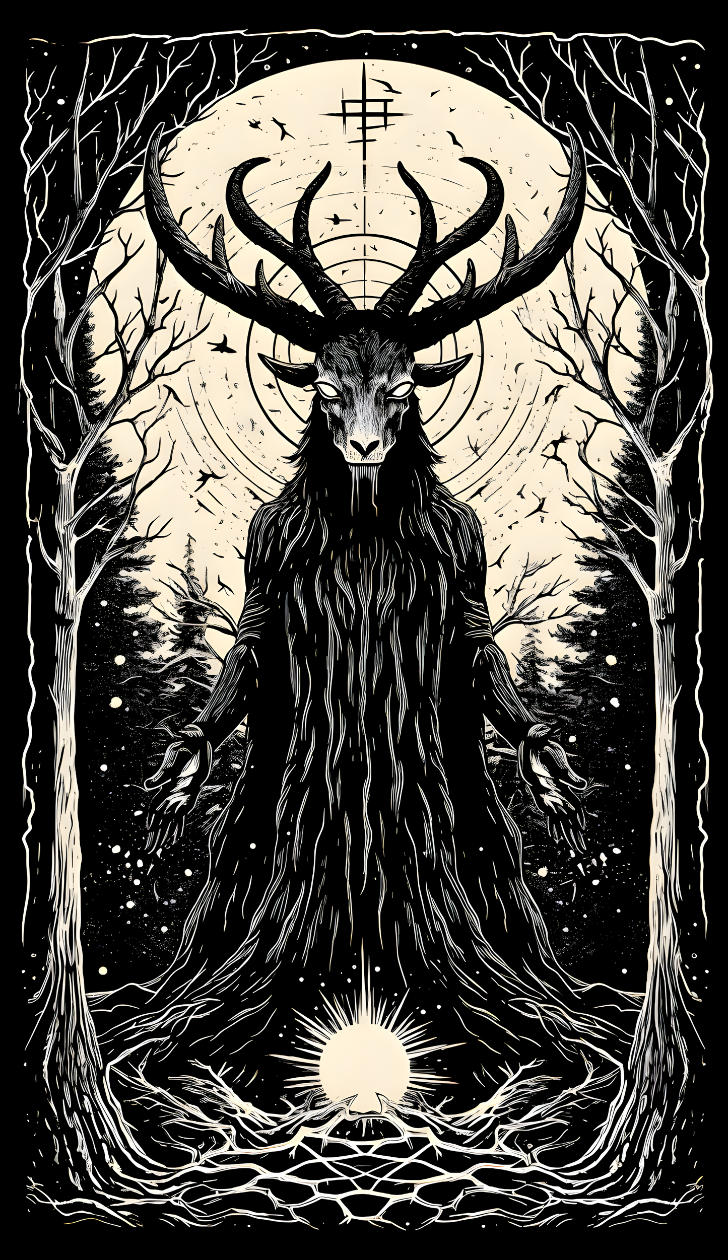 A dark fantasy vector art depicts horns, long hair and eyes glowing white with an aura-like energy standing in between two trees as he is surrounded by magic. The style is occult, symmetrical design with a dark background. It is a vectorized, high resolution and high detail piece with a vintage poster print appearance. The artwork has a hyper realistic and detailed texture in the clipart style