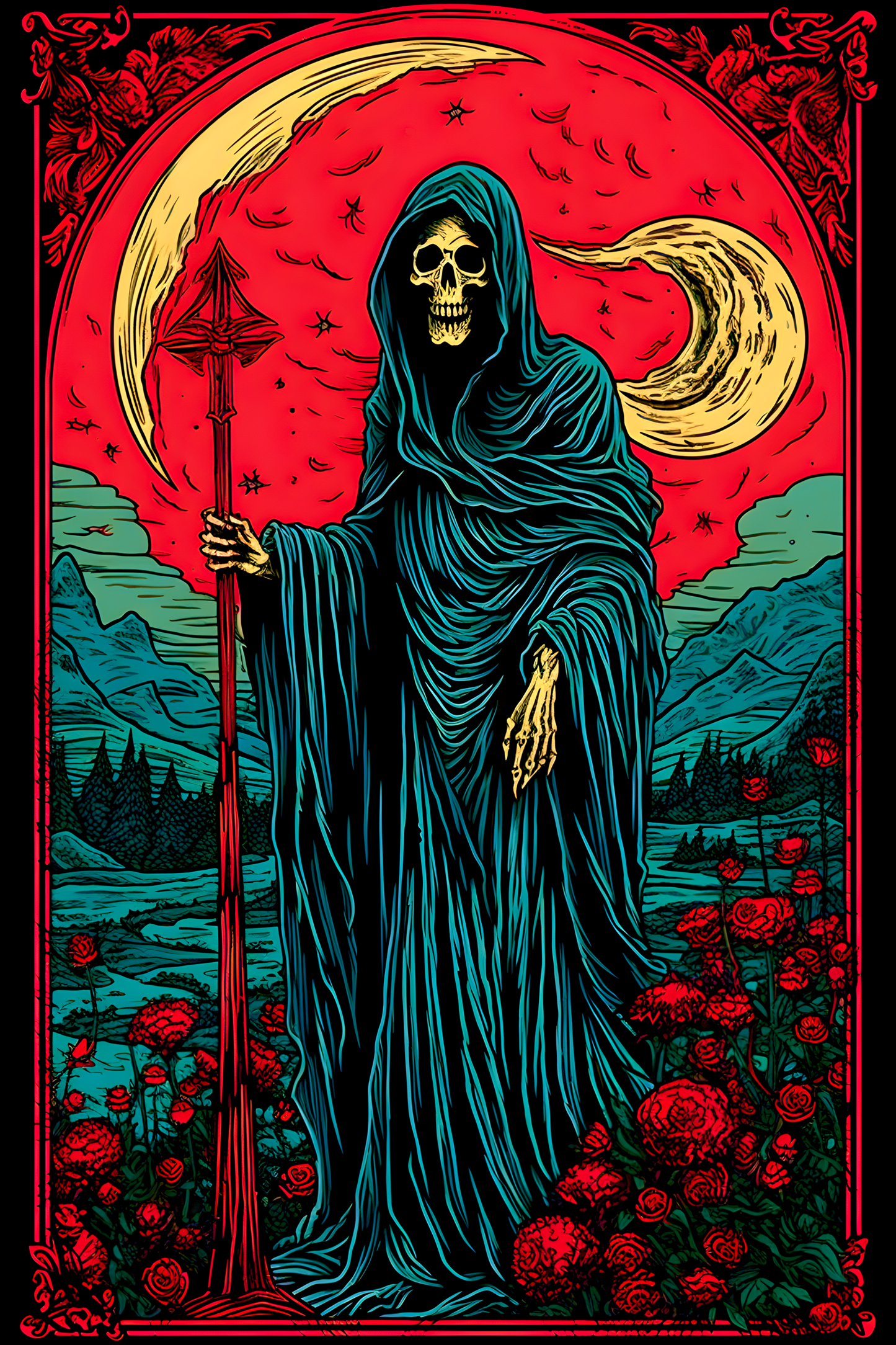 Gothic style illustration of the grim reaper holding his scythe, roses and mountains in the background, red moon, vector art design for a t-shirt, screen printing, tarot card style border with intricate details, symmetrical composition, vintage colors, dark mood, high contrast, highly detailed, colorful