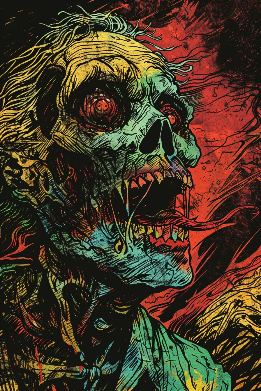 tshirt design, zombie in the style of hyperdetailed illustrations, colorful Moebius style illustrations, dark and gritty satirical illustrations, colorful animation stills, bold colors and dramatic contrasts, satirical illustration in the style of on black tshirt background